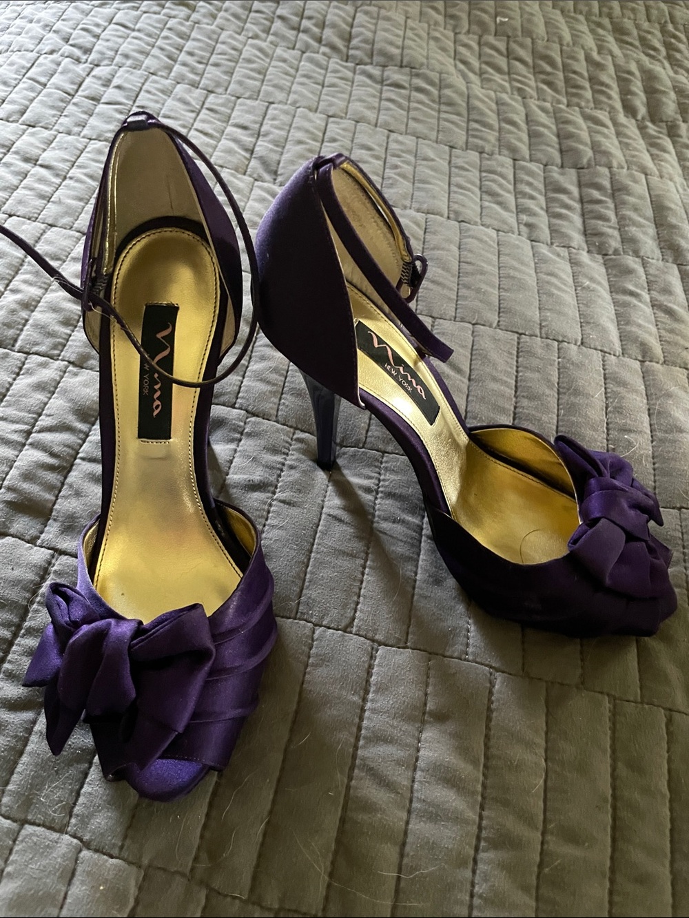 Nina Deep Purple Satin Peep-Toe Heels with Bow and Ankle Strap